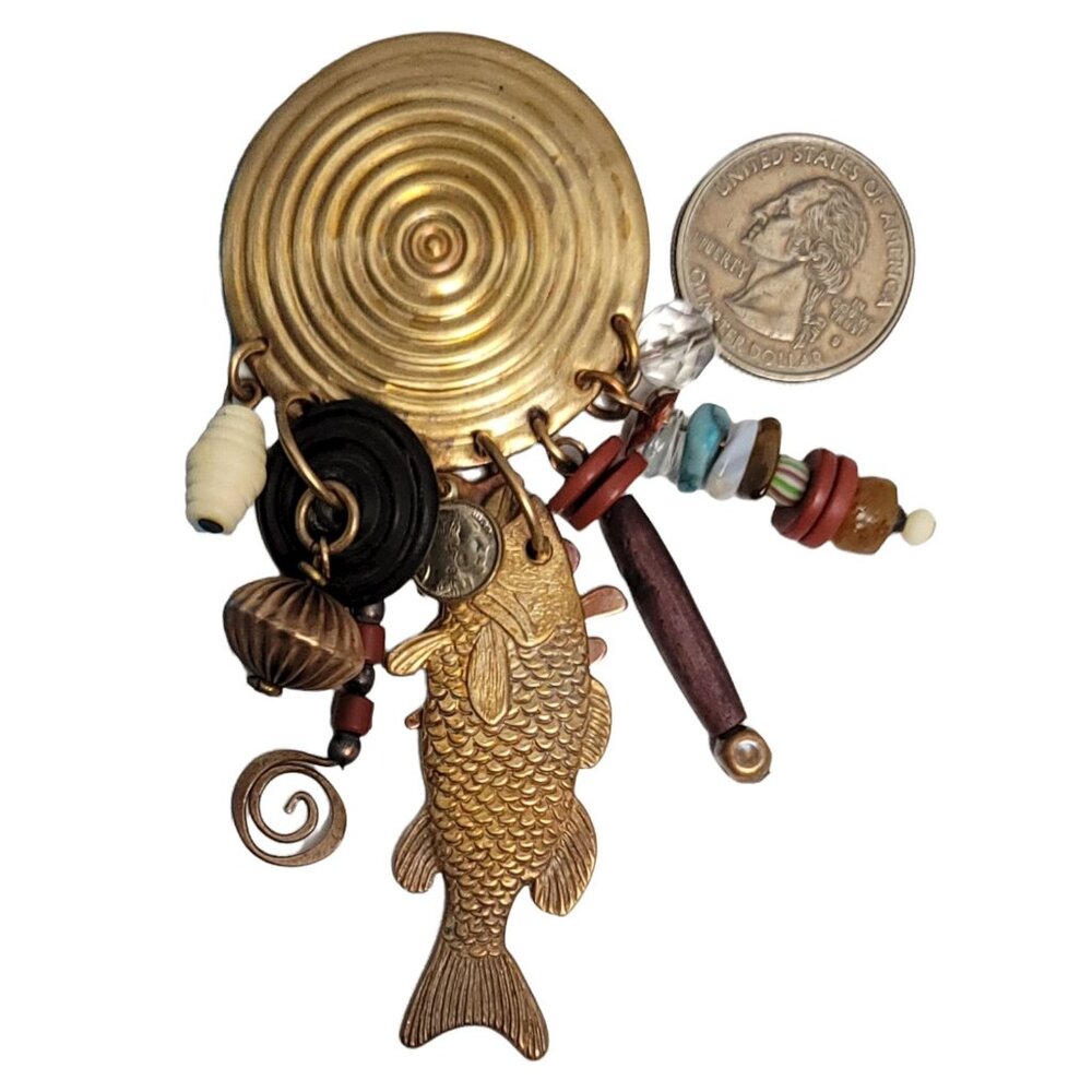 Marjorie Baer Brass Round Spiral, Multi Charm, Fish, Bead, Stone Dangle Brooch - Picture 8 of 8